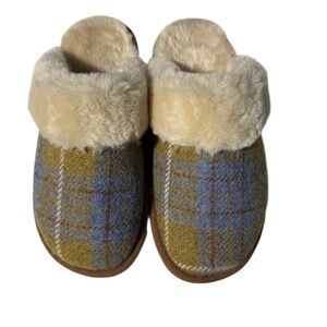 Lamo Plaid Wool Clog Slippers with Cream Faux Fur Trim